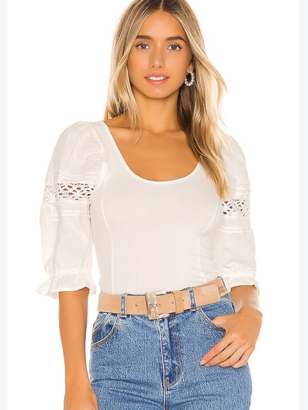 Free People Something Special Tee White Lace Sleeve Blouse XL